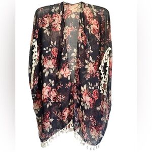 RIAH FASHION Floral Navy and Pink Rose Women's Kimono Generously Sized